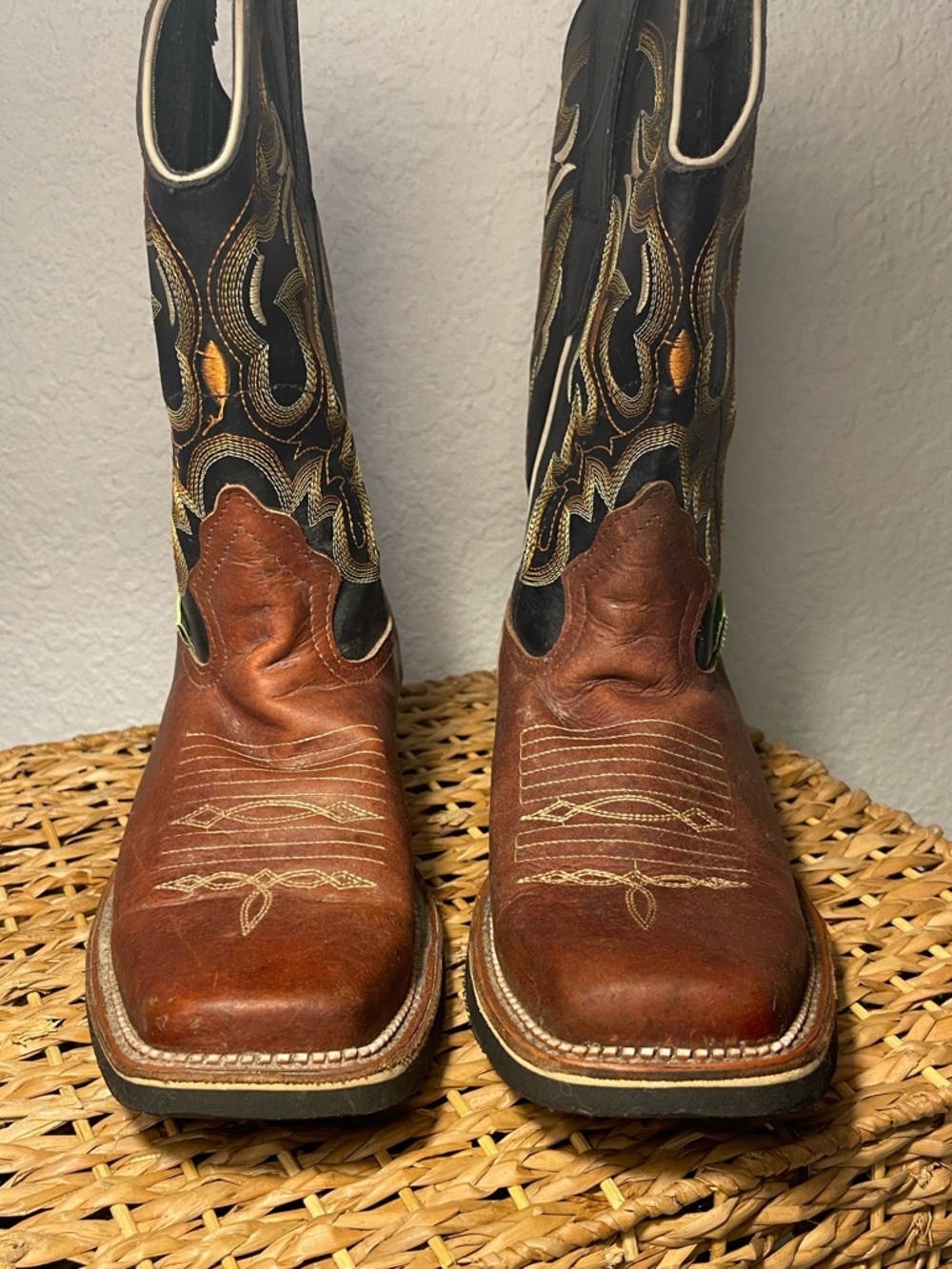 Men's Brown Leather Cowboy Boots with Black Embroidered Shaft